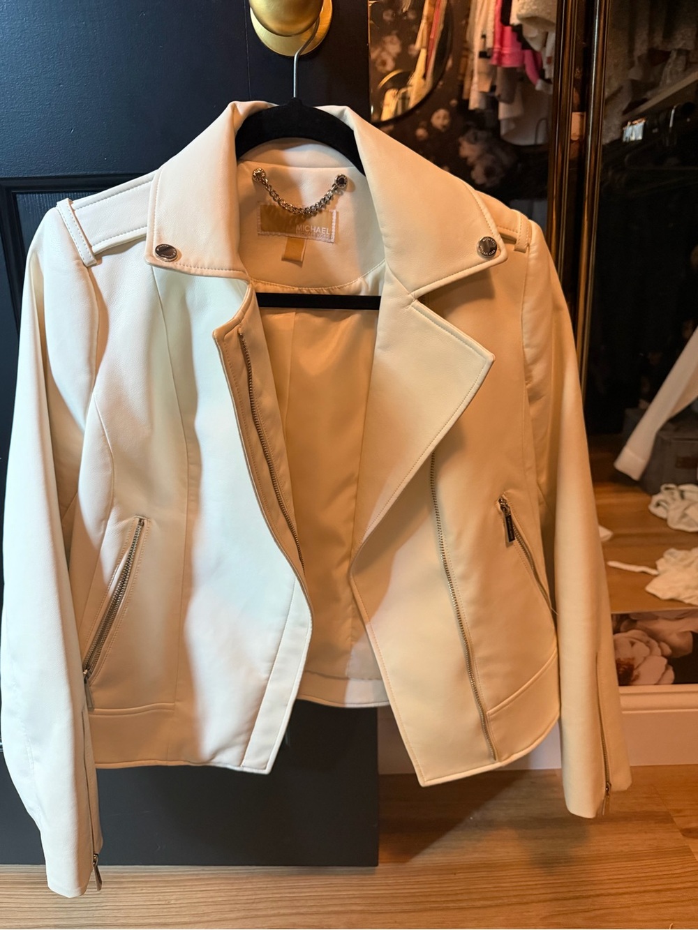 Michael Kors Cream Leather Moto Jacket with Silver Zippers